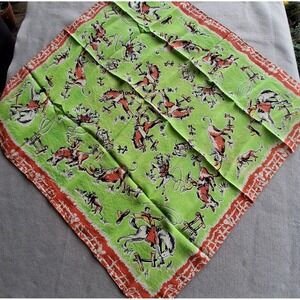 Vintage Silk Hand Stitched Western Cowboy Rodeo Bandana Green Orange Wild Rag